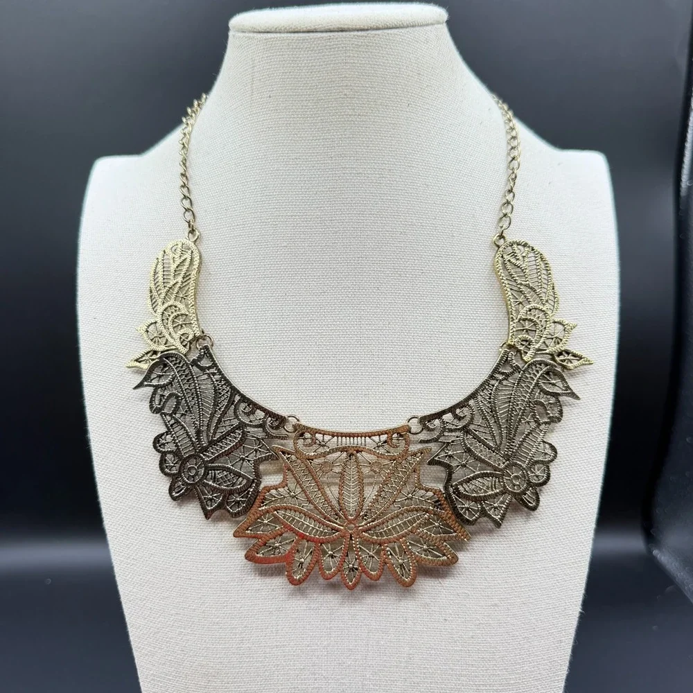 Antique Gold Tone Filigree Floral Bib Necklace Boho Statement Festival Jewelry